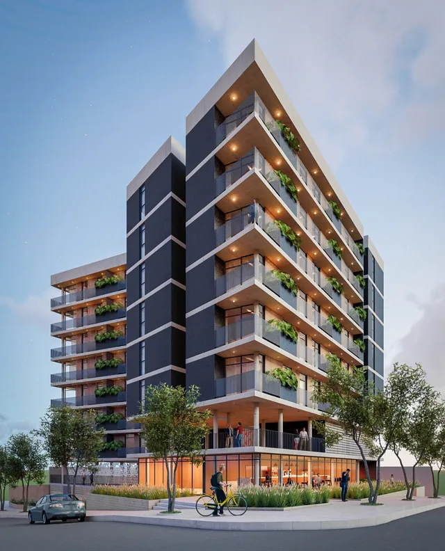 Apartamento para alugar a 800 m da praia em Florianópolis: fachada do edifício de 28 unidades (projeto)