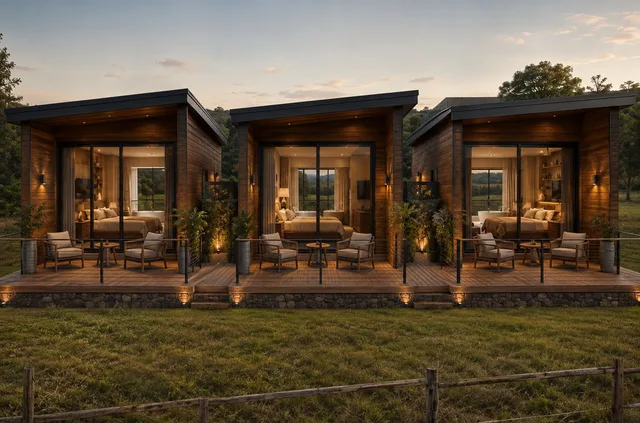 Cabanas para alugar na ONYX Fazenda, Santa Catarina: fachada com deck ao entardecer (projeto)