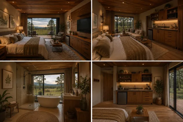 Cabana na fazenda para locação: ambientes internos integrados (projeto)
