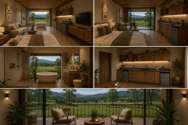 Cabana para locação: cozinha e área de estar (projeto)