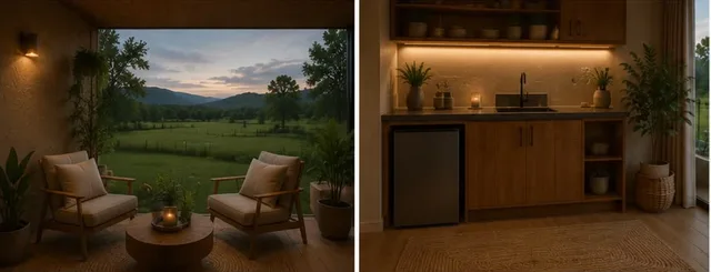 Cabana para locação na ONYX Fazenda: varanda com poltrona (projeto)